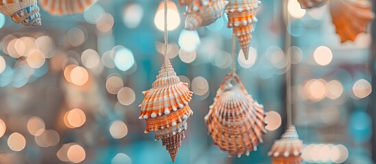 Aufkleber - Seashell hanging decor in the shop. Copy space. Shallow focus, film effect.