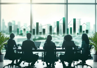 Poster - Diverse team in business strategy meeting analyzing graph and growth statistics, modern office setting, data-driven decision making