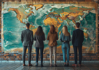 Poster - Diverse Team Discussing Global Business Strategy Around World Map in Modern Office Environment - Collaborative Planning Meeting Concept