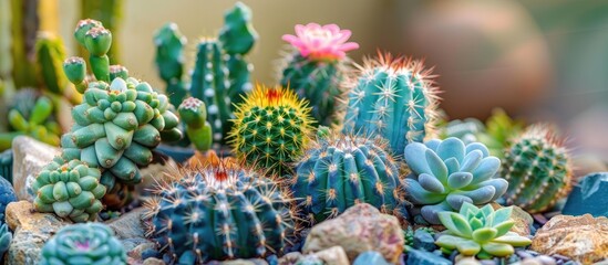 Fototapete - Cacti, famous dessert plant for house in many type and shape with it needle as leaf. Variety cactus in pot and garden easy to let them stay inside home. Succulent plant grow dry area