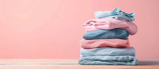 Poster - bunch heap of clothes textile on the shelf, housework concept pastel background. with copy space image. Place for adding text or design