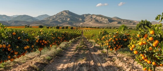 Fototapete - Orange field in full production in Almenar, Valencian Community. with copy space image. Place for adding text or design