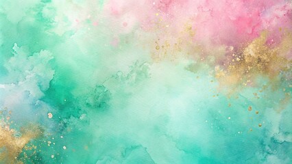 Wall Mural - Abstract watercolor paint background in pastel green, aquamarine, pink, and golden tones, watercolor, abstract, background