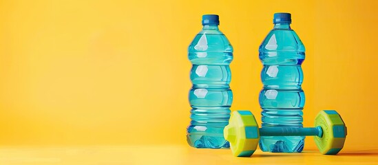 Poster - Banner. Healthy lifestyle. Sports blue water bottle and two green dumbbells isolated on yellow background. Sport equipment. Fitness concept. Copy space for design