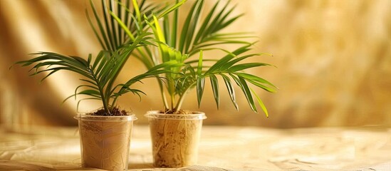 Poster - Green coconut bonsai in fresh organic plastic pots. with copy space image. Place for adding text or design