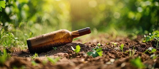 Poster - the bottle is buried in the ground pastel background. with copy space image. Place for adding text or design