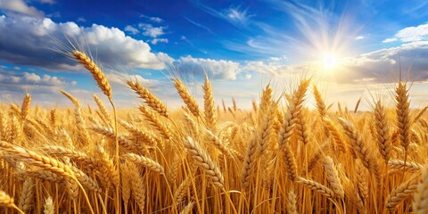 Wall Mural - Golden wheat field with ripe ears against sunny sky , agriculture, harvest, farm, rural, countryside, nature, growth, crops