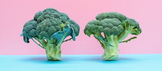 Leinwandbilder - Two bunch of broccoli isolated on pastel background. with copy space image. Place for adding text or design