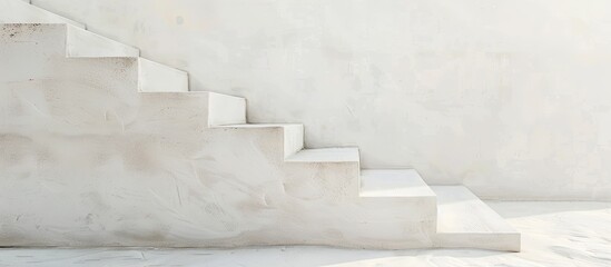 Wall Mural - White concrete stair with white beach sand background. Taken indoor for background, abstract, wall paper concepts. with copy space image. Place for adding text or design