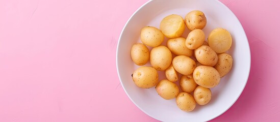 Wall Mural - hot boiled potatoes in a white plate on a pastel background. with copy space image. Place for adding text or design