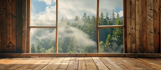 Poster - wooden wall with window outside forest clouds. with copy space image. Place for adding text or design