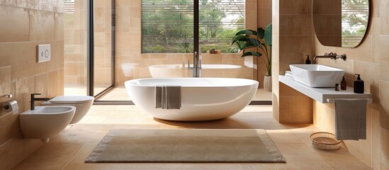 Poster - Bathroom with cream tiled floor, brown tiled walls, cream double hand basin and white standalone bath. with copy space image. Place for adding text or design