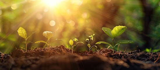 Poster - The seedling are growing from the rich soil to the morning sunlight that is shining, ecology concept. Copy space image. Place for adding text or design