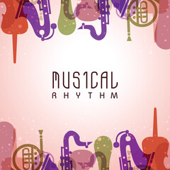 Poster - Music Rhythm Poster Design with Colorful Musical Instruments Decorated Background.