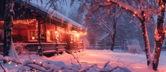 Aufkleber - Wooden house with terrace with red illumination in winter evening in village. Copy space image. Place for adding text or design