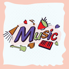 Canvas Print - Colorful Music Text with Various Instruments Decorated Background.