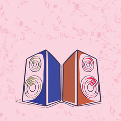 Sticker - Pair of Speakers on Music Notes Pink Background and Copy Space.