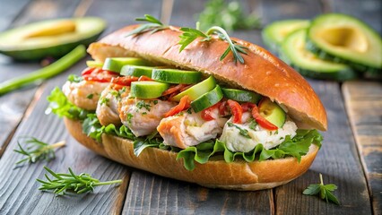 Wall Mural - Lobster sandwich with avocado and fish on a sub-roll, served with greens for a delicious and healthy protein breakfast