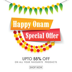 Wall Mural - happy onam sale poster design with special offer and floral garland decorated on white background.