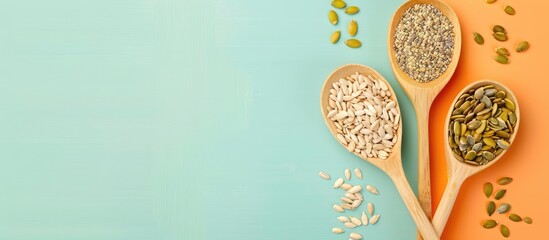 Leinwandbilder - Pumpkin, sunflower and sesame seeds in a wooden spoon Isolated on pastel background top view. with copy space image. Place for adding text or design