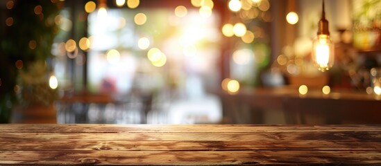 Aufkleber - Wood table and blurred coffee shop interior background and lighting bokeh. with copy space image. Place for adding text or design