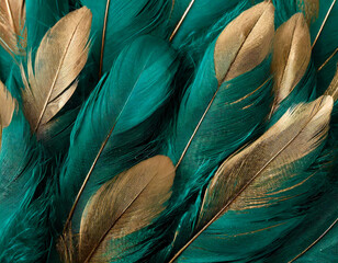 Wall Mural - Luxury background with teal and golden feathers