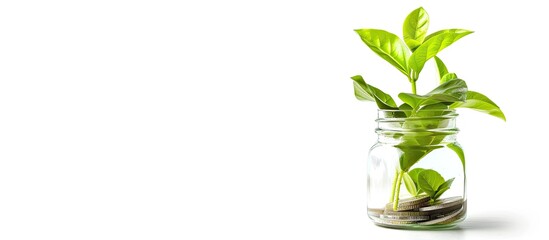 Aufkleber - Plant growing from coins in glass jar isolated on white background. Investment and interest concept. with copy space image. Place for adding text or design