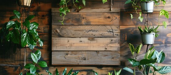 Poster - Old plank wood hanging on wall and collection of houseplants. with copy space image. Place for adding text or design