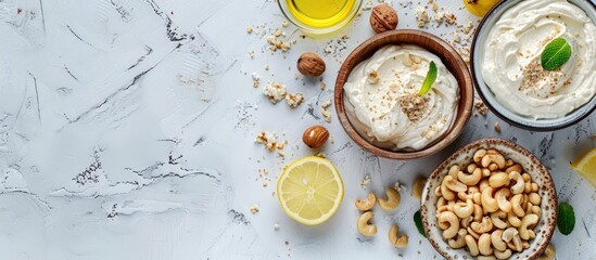 Fototapete - Tray with cashew sour cream, nuts and lemon juice on light background, closeup. Copy space image. Place for adding text or design