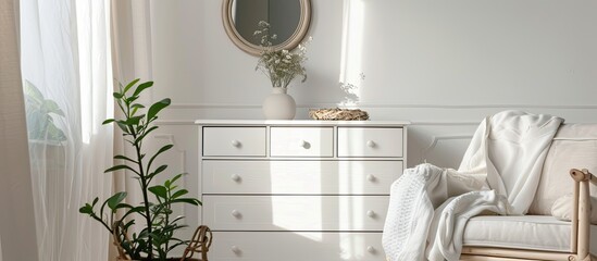 Poster - White chest of drawers, armchair and mirror in room. Interior design. with copy space image. Place for adding text or design