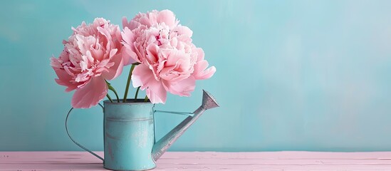 Poster - tin watering can with a large pink peony flower on a pastel background, closeup. with copy space image. Place for adding text or design