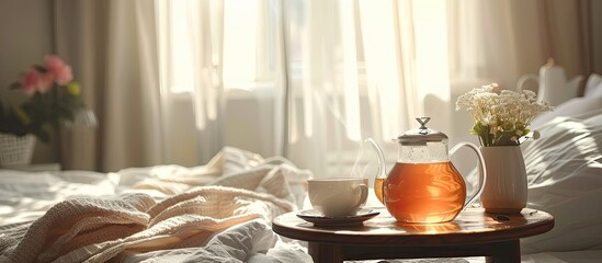 Aufkleber - A cup of tea and a kettle on a small table by the bed in a small cozy bedroom in the morning sunlight. Everything for a good mood. High quality photo. with copy space image