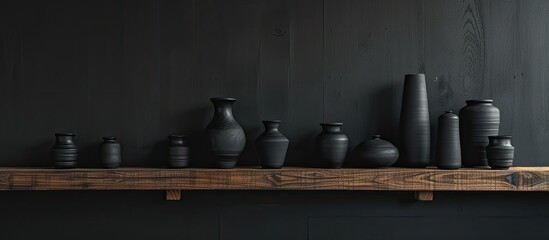 Poster - Dark vases lined up on a plywood shelf. with copy space image. Place for adding text or design