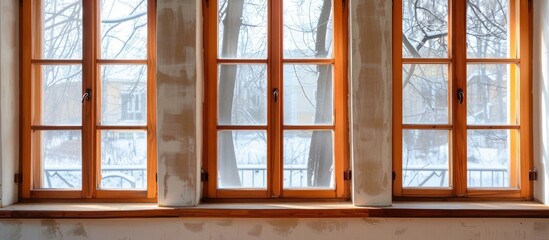 Aufkleber - Wooden window profile with triple glazing. with copy space image. Place for adding text or design