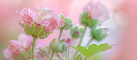 Poster - Macro image of geranium flower buds, flower buds pastel background. with copy space image. Place for adding text or design