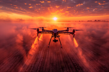 Poster - Drone flying in the fields at sunset