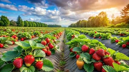 Poster - Panoramic view of a beautiful field of ripe strawberries , berries, fruits, strawberry, berry, fruit, panoramic view