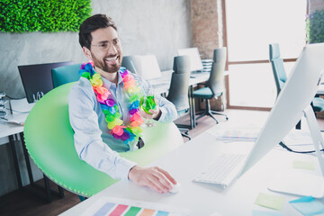 Sticker - Portrait of elegant corporate worker man get ready vacation rest wear shirt loft interior business center indoors