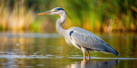 Wall Mural - Close-up of a grey heron wading in water , grey heron, bird, wildlife, nature, close-up, feathers, water, wading