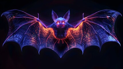 Wall Mural - Striking Neon Bat with Glowing Wings and Eyes on Dark Mysterious Background