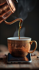 Poster - Closeup of handmade coffee pouring from coffee pot into cup, on table