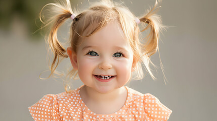 Wall Mural - happy young toddler girl with blonde pigtails in peach polka dot dress smiling