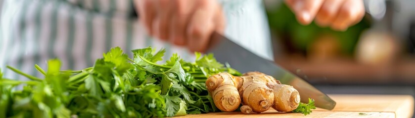 fresh ginger and parsley on wooden cutting board. close-up of fresh herbs and root for healthy cooking.