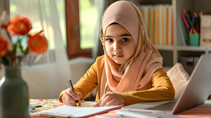Wall Mural - Little Muslim girl in hijab doing homework at home