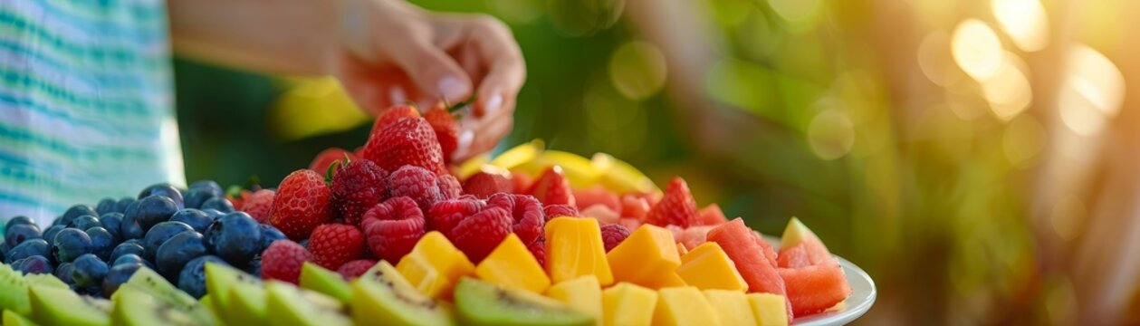fresh fruit platter with assorted berries, mango, kiwi and watermelon.