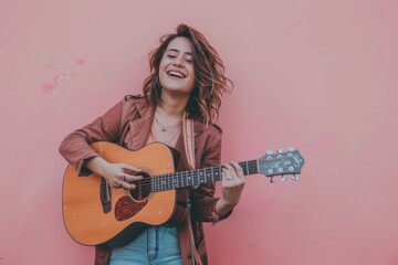 Wall Mural - Portrait of a happy woman in her 30s playing the guitar while standing against solid pastel color wall