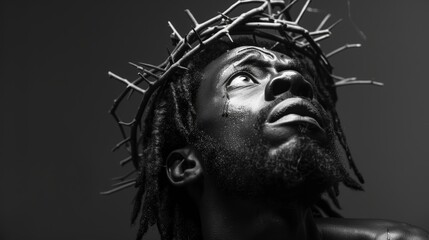 Wall Mural - Jesus Christ with thorns on his head in black and white photorealistic portrait. Close-up.