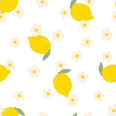 Sticker - Blooming lemon seamless vector pattern with citrus fruit and flowers in simple hand drawn cartoon kawaii style. Pastel palette, cute unisex background. for printing baby textiles, clothes, packaging.