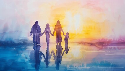 A digital watercolor painting depicting people holding hands with Jesus Christ.