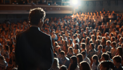 Wall Mural - A man stands in front of a crowd of people